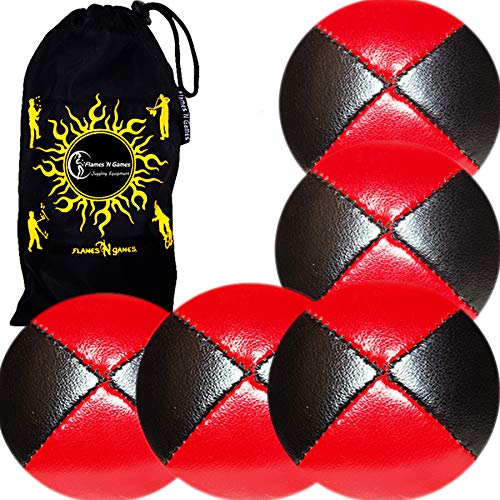 Flames 'N Games 5X Pro Thud Jonglierbälle – Leder, Schwarz/rot, Mit Reisetasche, 62 Mm, 90-100g, Für Anfänger Und Profis