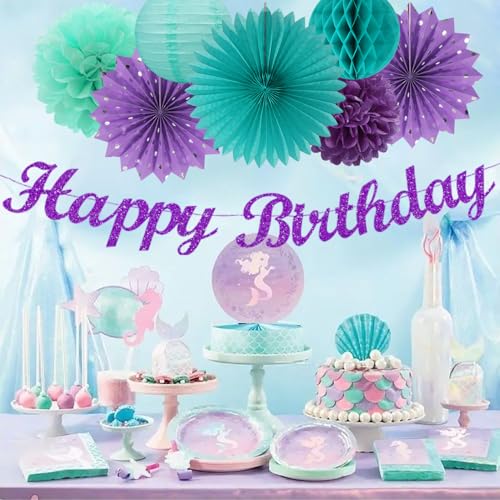 Image of Teal-purple Lavender Girl Mermaid-birthday Party-decorations - 21pcs Happy Banner,Under The Sea Ocean Paper Lanterns Honeycomb Streamers,Tissue Pom Poms Flower Fan,Classroom Hanging Decor Huglony