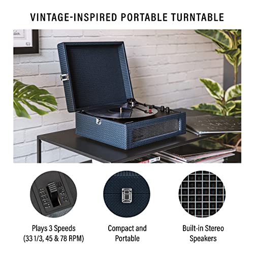Image of Crosley CR8017B-NY Voyager Record Player, Dark Navy | 3-Speed Turntable, Bluetooth In / Out, Built-in Full-Range Stereo Speakers, Adjustable Pitch Control