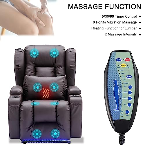Image of Oprisen Wall Hugger Power Recliner Chair, Overstuffed Home Theater Seating w /Heat Massage Electric Movie Gaming Sofa Reclining Sleeper Chair with LED Light /Lumbar Pillow /Cup Holders