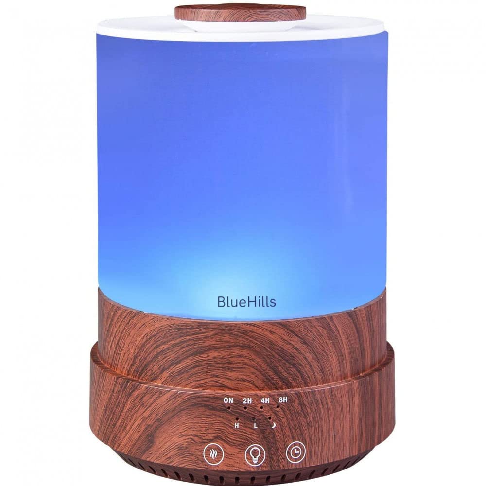 BlueHills - Difusor de aceites esenciales XL 2500 ml con temporizador para gran decoración del hogar, habitación de bebé, gran capacidad de 2,5 l con luces Grano de madera oscura - F003