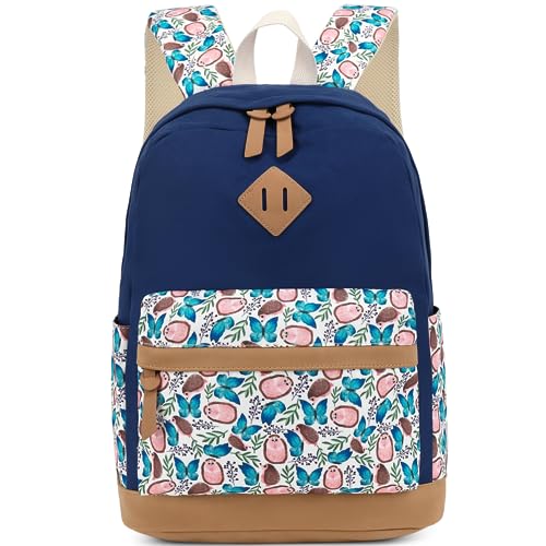Image of Leaper Preppy School Backpack for Girls: 7 Multi Function Pockets and 2 Water Bottle Pockets with 14'' Laptap - 360 Cushioning Protection Cute Canvas Bookbag for Teens(Dark Blue)