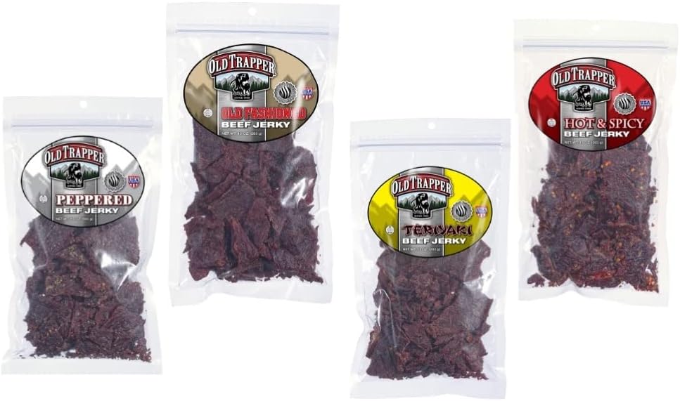 Old Trapper Beef Jerky Peppered, Old Fashioned, Teriyaki, Hot & Spicy 10 oz (4 Variety Pack)