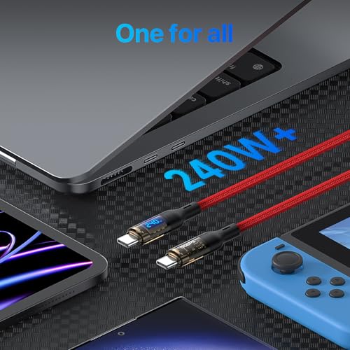 Image of SOOPII USB C to USB C Cable [240W 10ft],Fast Charging USB C Cable with LED Display for MacBook Pro,lPhone16 /15 /15Pro /15ProMax,Galaxy S23+ /S23 Ultra /S22 Ultra,etc.,Transparent Shell,(Red)