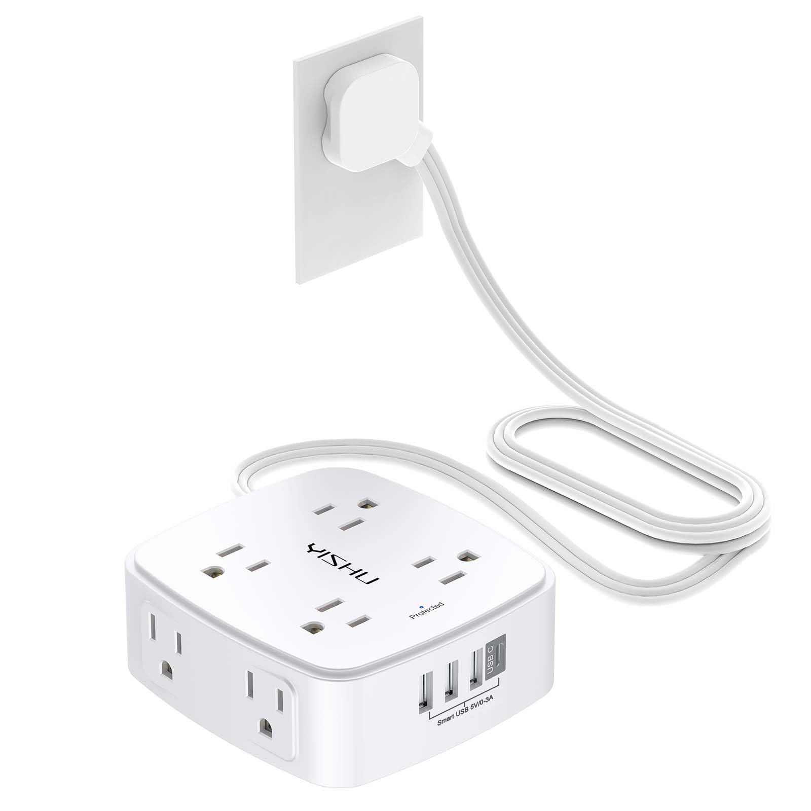 6 Ft Surge Protector Power Strip - YISHU 8 Widely Outlets with 4 USB Ports, 3 Side Outlet Extender with 6 Feet Flat Extension Cord, Ultra Flat Plug, Wall Mount, Desk USB Charging Station, ETL, White 6 Ft White(Flat Cord)