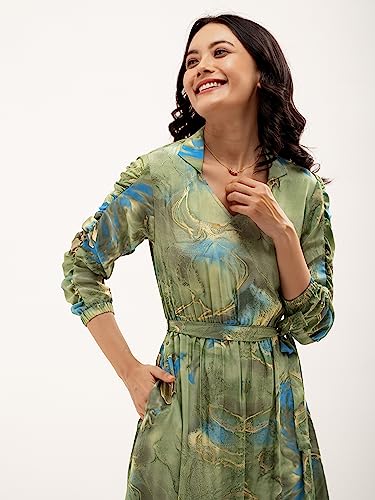 Image of AASK Abstract Printed Puff Sleeve Gathered Detailed Fit Flare Dress