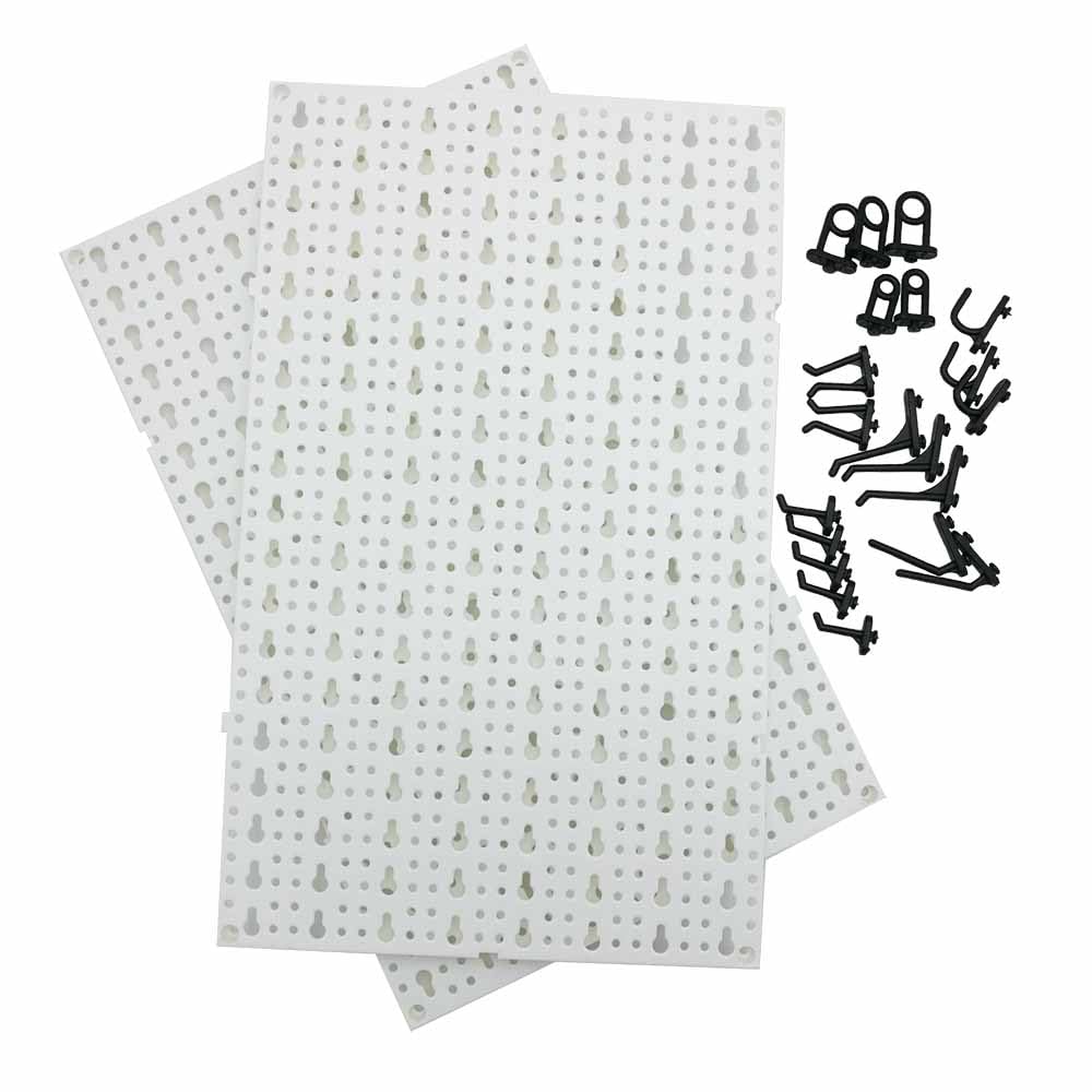 Lot de 2, Panneau Porte Outils, 25 x 30 cm/Paneau - 20 Crochets Panneaux Perforés, Inclus - Panneau Mural Outils Garage, en PVC - Rangement Outils, Atellier de Bricolage
