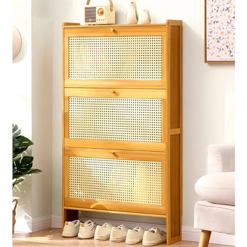 Meuble à chaussures étroit en bambou pour entrée, rangement discret à clapets à 3 niveaux