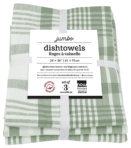 Now Designs Jumbo Woven Cotton Kitchen Towels Elm Green, Set of 3, W24 x L36in