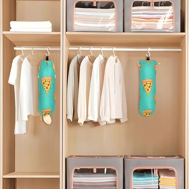 xigua Pizza Slices Plastic Bag Holder Wall Mount with Drawstring 2 Pack, Reusable Grocery Bag Organizer Decor for Bags, Socks, Underwear, And Neckties