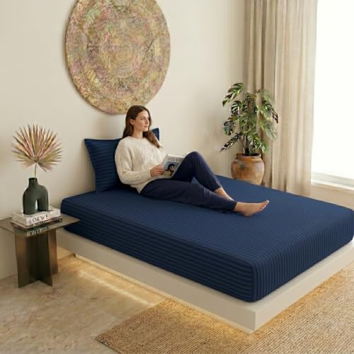 Image of Filymore Double Bedsheet for Double Bed | Navy Blue Stripe Bedsheet | 240 TC Soft Microfiber Bed Sheet with 2 Pillow Covers | Striped Bedding Set, Breathable, Wrinkle & Fade Resistant | 90 x 95 Inches