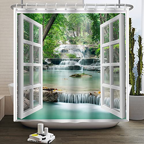 SDOTPMT 105x160cm Douche Vue la fenêtre Chute d'eau printanière Arbres Paysage Naturel Paysage...