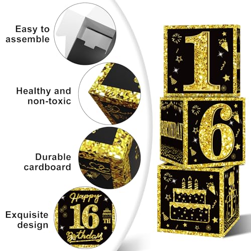 Image of Eiurteao 3pcs 16th Birthday Decorations Boxes for Girls Boys, Black Gold Happy 16 Birthday Balloons Boxes Party Supplies, Sweet 16th Year Old Bday Theme Cardboard Box