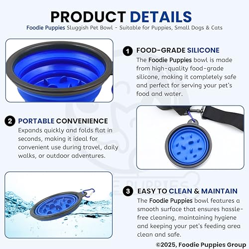 Image of Foodie Puppies Collapsible Slow Feeding Silicone Foldable Bowl for Small Dogs & Puppies - (Sluggish Bowl, 350ml) (Pack of 2), Pet Feeding Watering Dish for Walking, Traveling with Carabiners