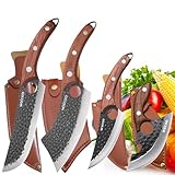 WXCOO 4PCS Hand Forged Kitchen Knife Set with Sheaths, High Carbon Steel Viking Butcher Knife Set, Serbian Chef Cleaver, Heavy Duty Boning Knife & Slicing Knife for Outdoor BBQ, Camping, Hunting