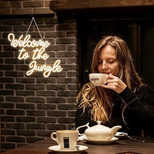 Image of Welcome to the Jungle Neon Sign Warm White Led Word Neon Light Signs for Wall Decor Usb Letter Light Up Sign for Bedroom Nursery Kids Room Garden Home Entryway Front Porch Wedding Birthday | Warm White Neon Sign, Safari Decor for Front Porches and Gardens, Gift for Families and Jungle Theme Fans
