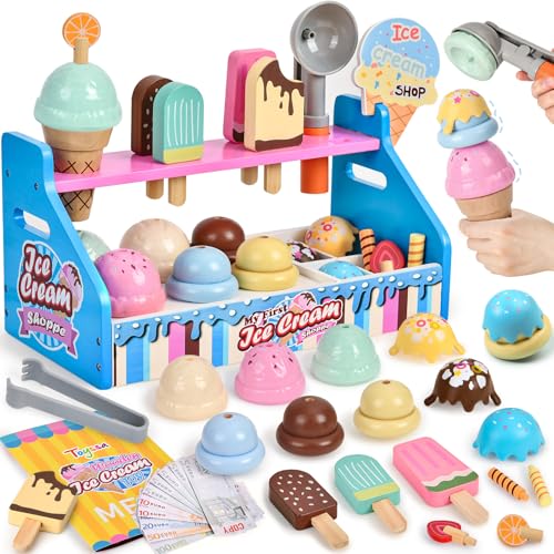 Atoylink Eisdiele Kinder Holz Einkaufswagen Einkaufsladen Eisladen Eisstand Holz Kaufmannsladen Kaufladen Kinderküche Zubehör Rollenspiel Spielgeld Spielzeug Geschenk für Kinder Mädchen 3 4 5 6 Jahre
