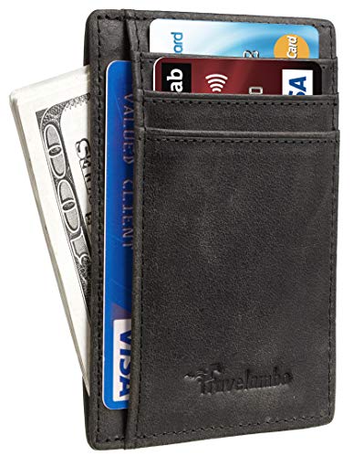 Travelambo Front Pocket Minimalist Leather Slim Wallet RFID Blocking Medium Size(VT Black P)