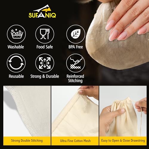 Image of SUFANIQ Nut Milk Bag - 4 Bags (12 x 12 Inch) 100% Unbleached Cotton Cheese Cloth Bag for Straining, Premium Nut Milk Bag Reusable, Nut Bag Strainer for Almond, Soy, Oat Milk, Juices, Cheese Making