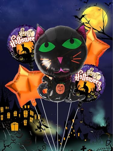 Image of AMFIN (Pack of 5) Happy Halloween Party, Haunted Cat Foil Balloons - Black