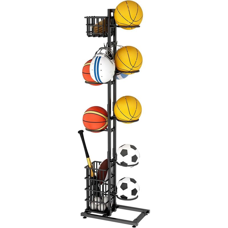 Porta palloni, Supporto Verticale per pallavolo, Supporto per palloni da Calcio, scaffale per Attrezzature Sportive, utilizzato nei Negozi di Articoli Sportivi.