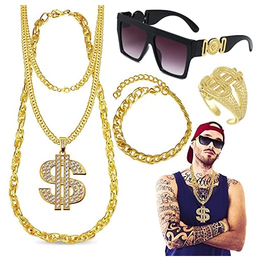 DONGZQAN Accessori Rapper Anni '80 '90, Kit di Costumi Hip Hop Set, Adatto per Uomini e Donne, Comprese Collane, Anelli Capi di Abbigliamento Anni '80/'90