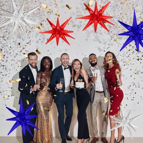Image of Star Balloons, 22 Inch Blue Red and Silver Star Balloons 6PCS Explosion Foil Balloon Starburst Balloon for Birthday Party Wedding New Year 4th of July Independence Day USA Patriotic Party Decor