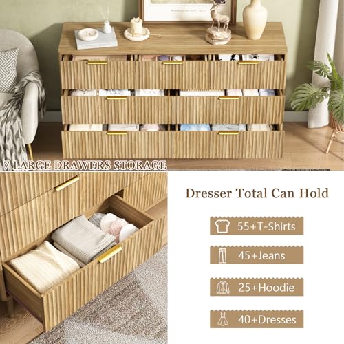 CARPETNAL Fluted 7 Double Drawers Dresser for Bedroom, 55”Wide Modern Chest of Drawers with Deep Drawers,Curved Profile Design, Wood Drawer Organizer for Living Room, Hallway, Natural Oak - Image 6