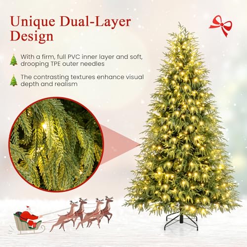 Image of Goplus 7 FT Pre-Lit Artificial Christmas Tree, Hinged Faux Xmas Tree with 1217 Soft TPE & PVC Mixed Branch Tips, 400 Warm White LED Lights, Foldable Metal Stand, Holiday Party Home Office Decoration