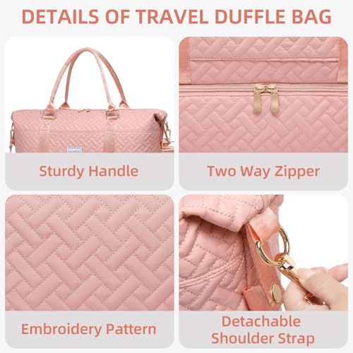 Image of Duffle Bag for Travel, Weekender Bag with Shoe Compartment, Carry On Overnight Bag for Women with Toiletry Bag, Gym Bag with Wet Pocket, Hospital Bags for Labor and Delivery Beige, Pink-Embroidery