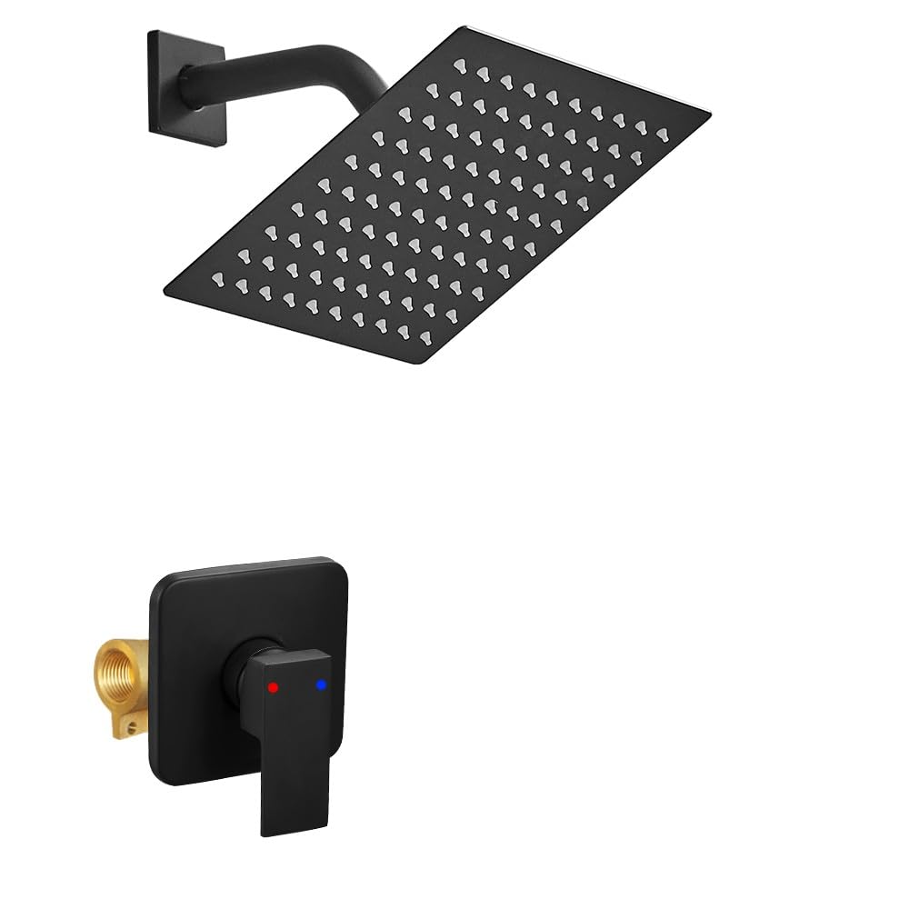 Duscharmatur Set Mattschwarz, Badezimmer Regendusche System mit Edelstahl Duschkopf Regendusche Set, Einzelfunktion Duschverkleidung Kit mit rauem Ventil