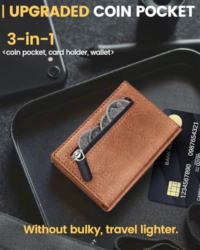 Wallet for Men with RFID Blocking, Minimalist Smart Credit Card Holder with Pop-Up Mechanism, Holds 12-14 Cards, Slim Wallet Includes Coin Pocket & Cash Slot, Genuine Leather, Gift for Men, Brown3