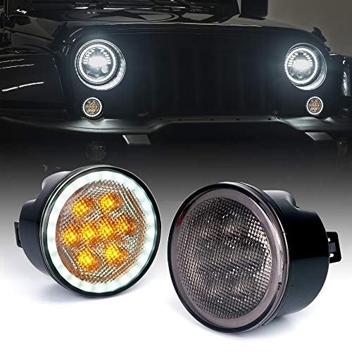 Image of Smoked Len Turn Signals Lights w /DRL Halo Compatible with 2007-2018 Jeep JK | Ultra-Bright LED, Parking Lights, ABS Plastic Shell, Waterproof, Plug N Play, Amber