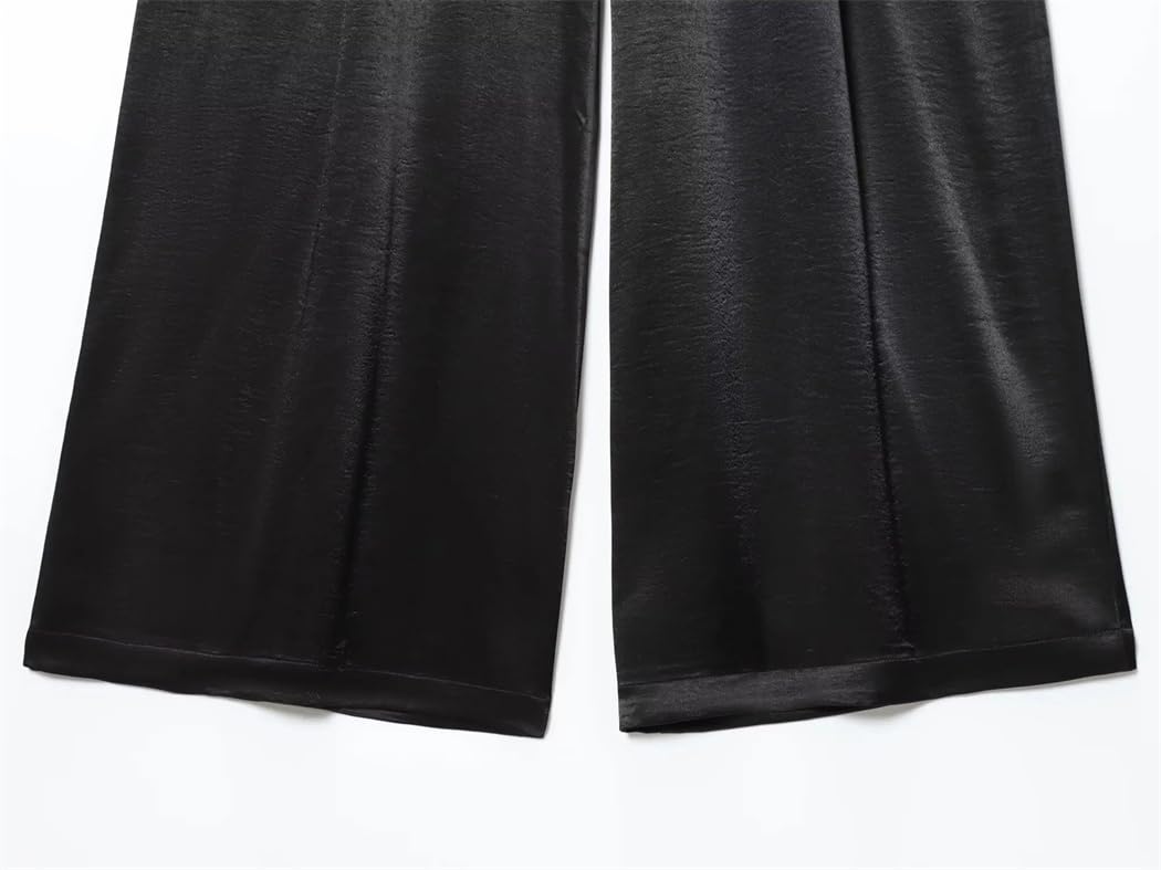 Pantalones de verano plisados de satén para mujer, de pierna ancha, con cinturón, cintura alta, color liso, pantalones ligeros