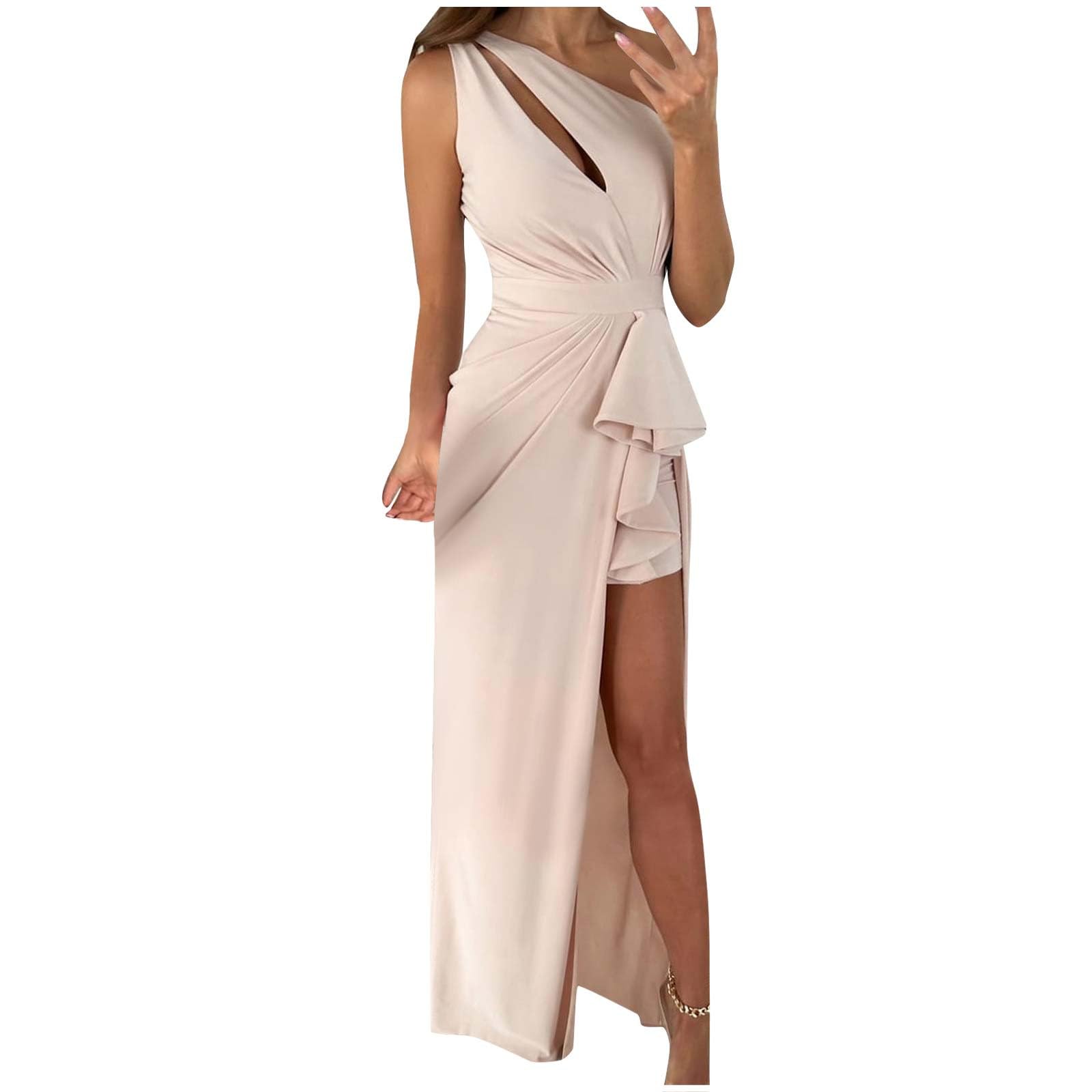 HGps8w Women's Elegant One Shoulder Ruffle Slit Prom Dresses Sexy Cutout Sleeveless Bodycon Maxi Long Wedding Guest Dress