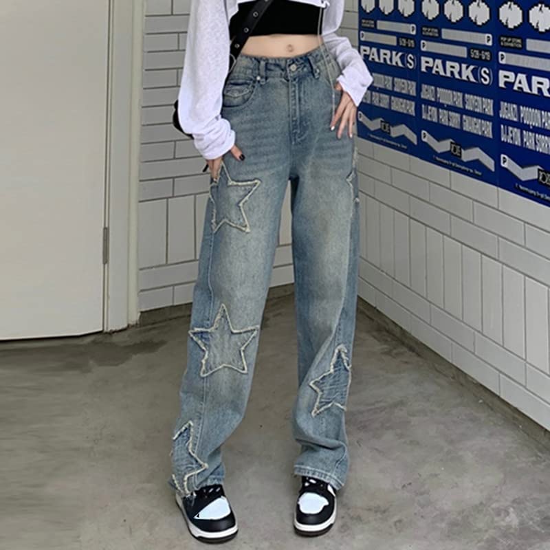 Fairy Grunge Star Embroidery Patchwork Jeans Y2K High Waisted Straight Denim Pants Aesthetic Trousers Streetwear2