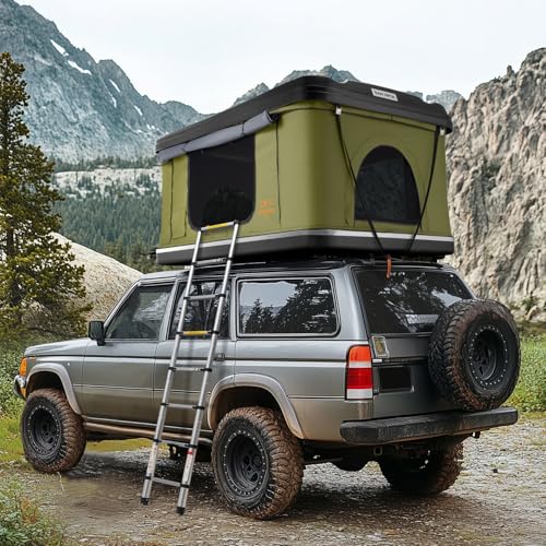 Sanhima Rooftop Tent Hard Shell - Jervis Loft Overland Aluminium ABS Roof Top Tent w/ 4 Sides Windows & AC Duct Hole for Car SUV Truck Camping, for 2-3 People (Army Green)