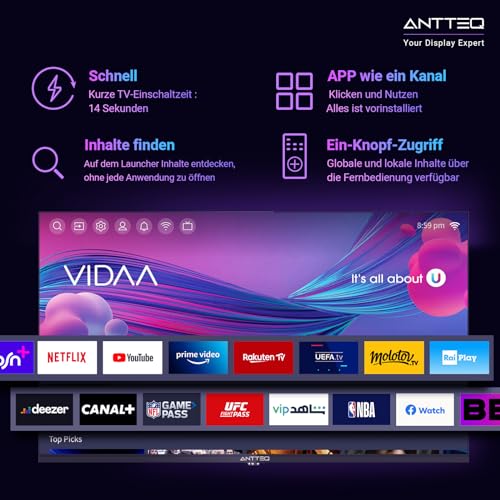 Vita Smart TV 32 Pouces (80 cm) - Télévision connectée avec Commande vocale, Triple Tuner (DVB-S2/T2/C), WiFi, Bluetooth, HDMI, Netflix, DAZN, Partage d'écran, Store APP 2025 – Image 3