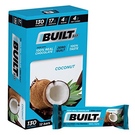 Built Bar 12 Pack High Protein Energy Bars | Gluten Free | Chocolate Covered | Low Carb | Low Calorie | Low Sugar | Delicious Protien | Healthy Snack (Coconut)