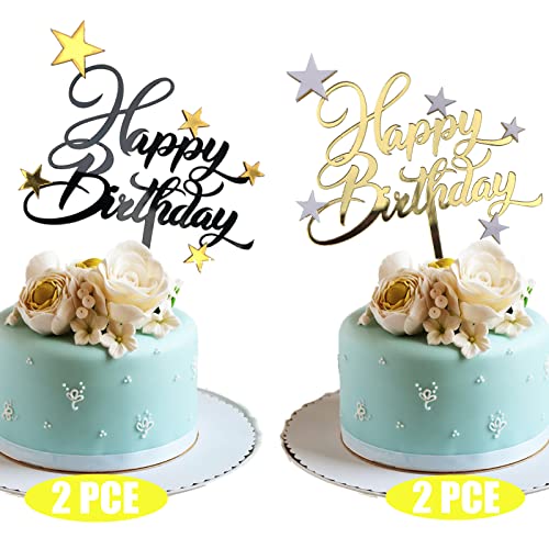 XINCHENG Happy Birthday Tortendeko, Cake Topper Happy Birthday, Acryl Kuchendeko Geburtstag, Tortendeko Geburtstag für Mädchen Junge Kinder(Gold, Schwarz * 2)