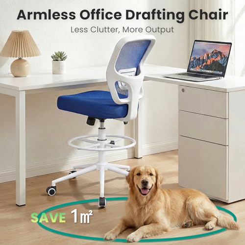 Image of Armless Drafting Chair Tall Office Chair for Standing Desk - Adjustable Height Mesh Ergonomic Stool with Foot Ring, Rolling Counter Height Computer Chair for Small Spaces & Home Office