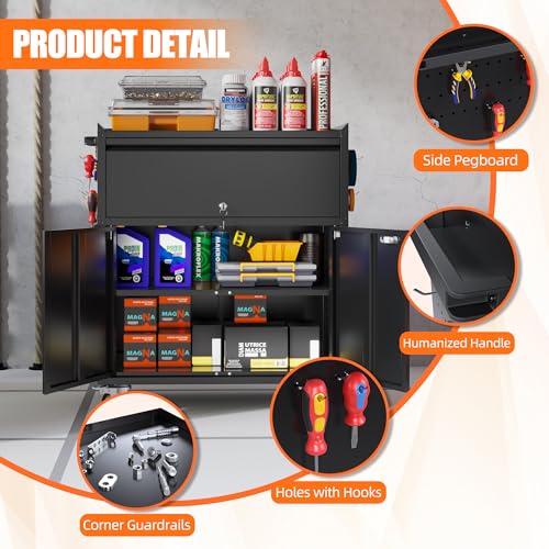 Image of Metal Garage Storage Cabinet with Wheels, Rolling Tool Cabinet with Adjustable Shelf, 1 Drawer and 2 Doors for Tools, Garage,Workshop, Black, Assembly Required