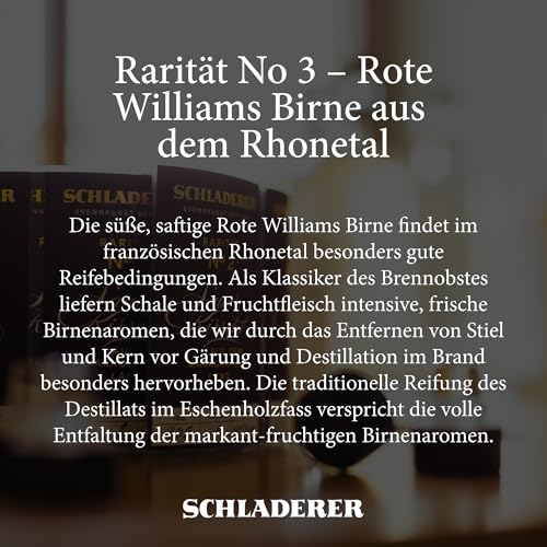 Schladerer Rarität No. 3 Rote Williams-Birne Edelbrand (43% vol) - ein Klassiker aus dem Rhonetal, premium Handarbeit in exklusiver Geschenkpackung - RAR. HOCHWERTIG. WERTVOLL. (1 x 0.5l)
