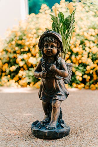 Xbrand 24" H Faux Bronze Magnesium Oxide Walking Girl Garden Statue W/Small Flower Plant Pot, Outdoor Décor, Natural Design Sculpture (Bronzegirlx5) #TOP2