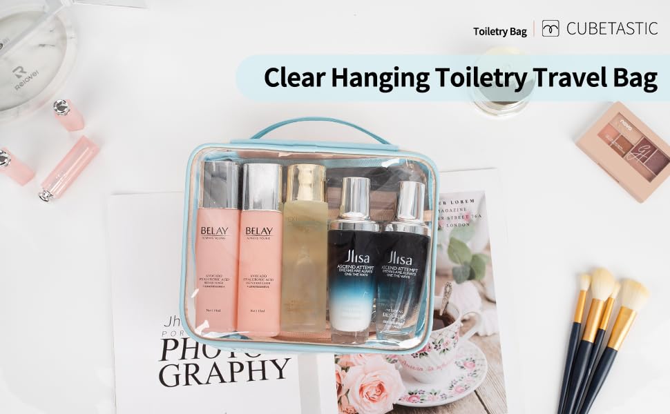 Miniatura 7 de CUBETASTIC Neceser de viaje colgante, bolsa de maquillaje transparente, bolsa de viaje pequeña transparente con 3 comparaciones, estuche organizador