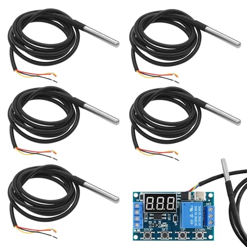 Menibeuty 5 Stück DS18B20 Temperatursensor 2m Kabel Wasserdicht Edelstahlsonde Temperaturfühler Temperaturkabel kompatibel mit Arduino RB Pi Sh elly Addon inkl E-Book (-55C bis +125C)