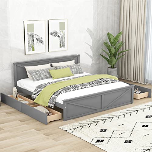 TRIPLE TREE King Size Platform Bed with 4 Storage Drawers, Solid Wood Bed Frame with Headboard and Support Legs, Bedroom King Bed for Child, Teens, Adults, No Box Spring Needed, Gray