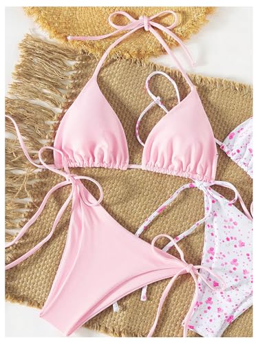 WDIRARA Women's 4 Piece Bikini Set Floral Triangle Halter String Swimsuit Tie Side Bathing Suit4