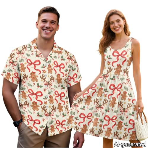 Image of Dreaweet Summer Dresses for Women A-Line Sleeveless Flowy Sun Dresses,Men's Casual Button-Down Shirts,Couple Matching Outfits