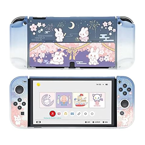 GeekShare Schutzhülle Slim Cover Case Kompatibel mit Nintendo Switch OLED und Joy Con - Stoßdämpfung und Anti-Kratzer -- Feuerwerk Kaninchen Cover